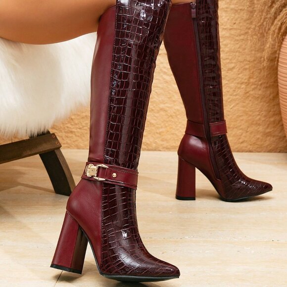 Burgundy Pointed Toe Women's crocodile print Chunky Heel Knee-High Dress Boots - Picture 2 of 6